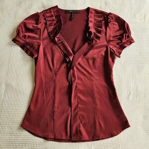 BCBGMAXAZRIA Red Satin Ruffle V Neck Short Sleeve Victorian Gothic Top Women S